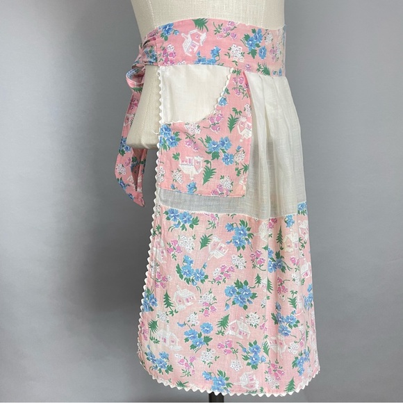 Vintage Half Apron Hostess Wedding Chapel Church Floral Pattern Sheer White Pink - Picture 6 of 12